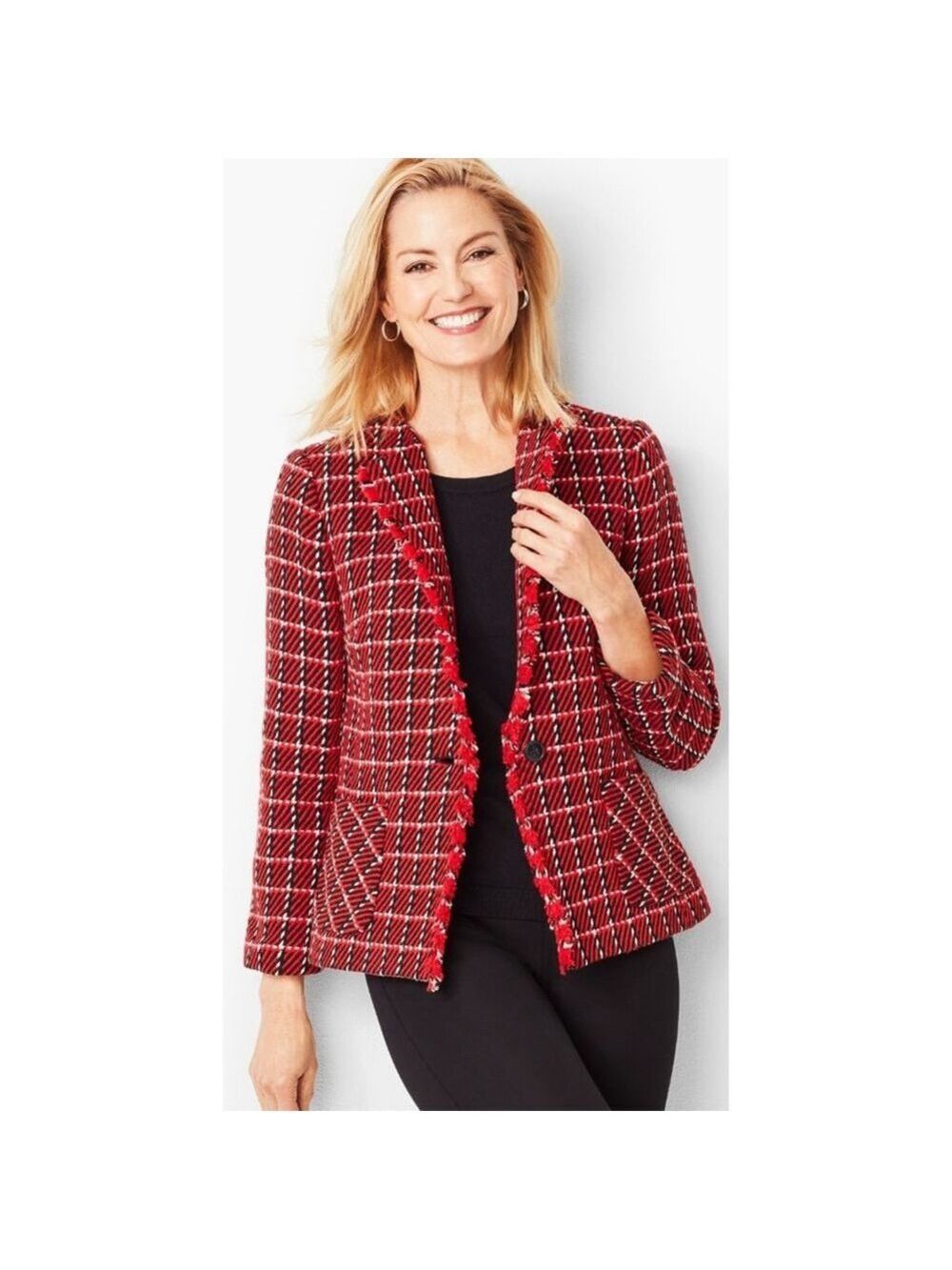 Women's TALBOTS Twill Check Blazer 16W Red Black Plaid